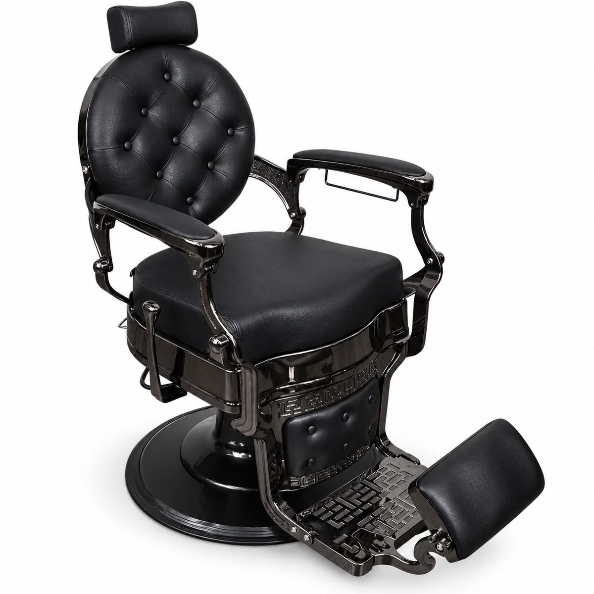 Premium Vintage Black Barber Chair with Hydraulic Base, Reclining Backrest, Adjustable Headrest, Padded Footrest and Luxury Button-Tufted Design