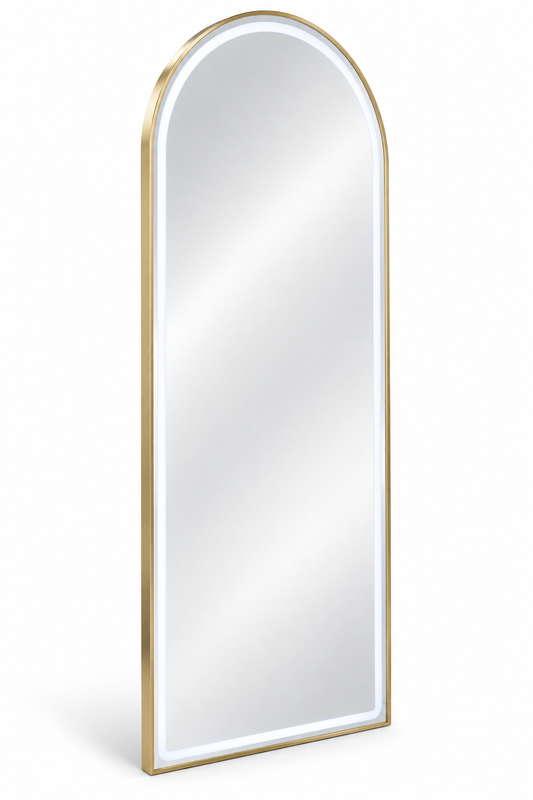 Gold Arched LED Salon Mirror – Full-Length Wall-Mounted Mirror with Illuminated Border – Luxury Styling Mirror for Barbershops, Hair Salons, Beauty Studios and Dressing Rooms