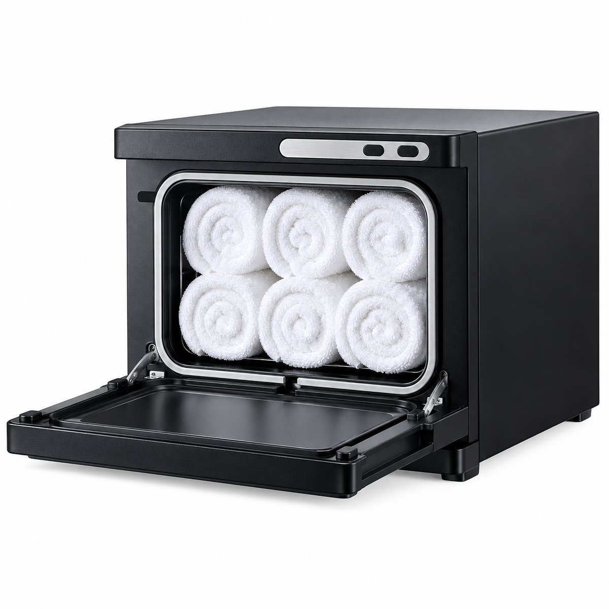 Black Hot Towel Warmer Cabinet for Barber Shops, Salons and Spas – Countertop Design with Front Controls and Drop-Down Door