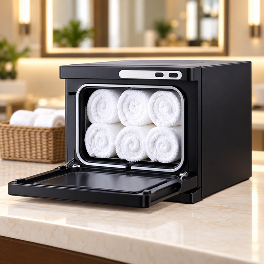 Black Hot Towel Warmer Cabinet for Barber Shops, Salons and Spas – Countertop Design with Front Controls and Drop-Down Door
