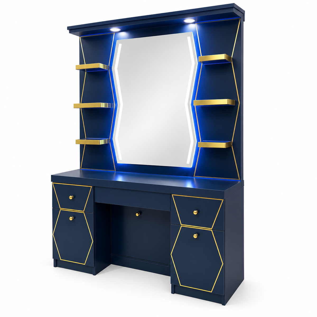 Luxury Navy Blue & Gold Salon Styling Station with Illuminated LED Mirror, Display Shelves, Storage Cabinets and Drawers – Professional Barber Shop & Hair Salon Workstation