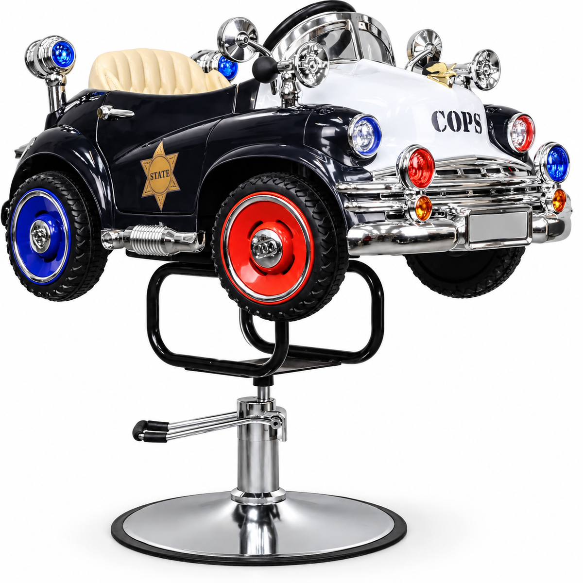 Kids Police Car Salon Chair – Professional Hydraulic Children’s Barber Chair with Padded Seat, Steering Wheel, Chrome Base and Height Adjustment – Black & White