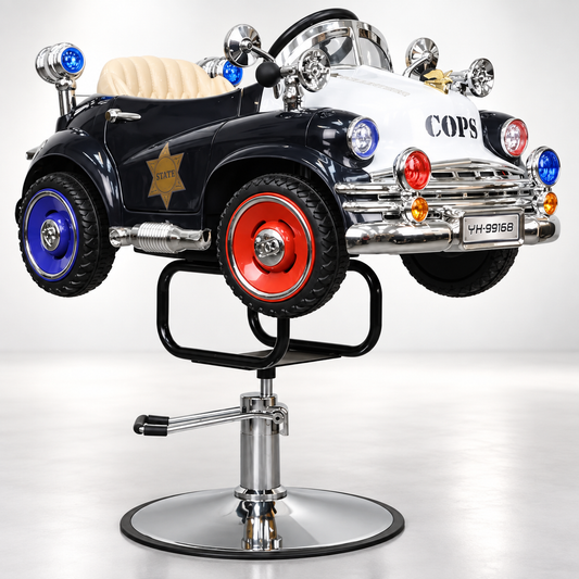 Kids Police Car Salon Chair – Professional Hydraulic Children’s Barber Chair with Padded Seat, Steering Wheel, Chrome Base and Height Adjustment – Black & White