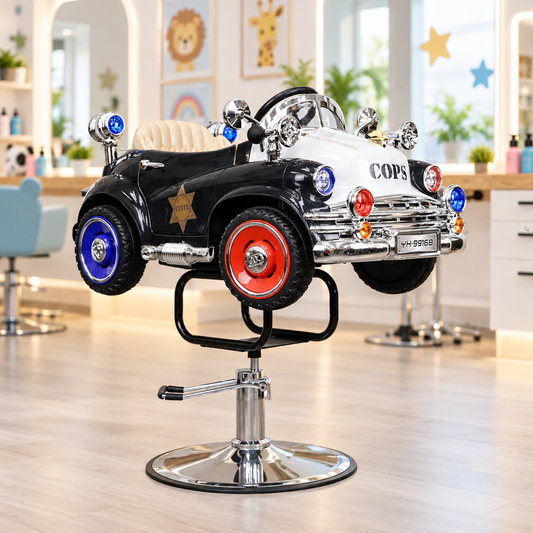 Kids Police Car Salon Chair – Professional Hydraulic Children’s Barber Chair with Padded Seat, Steering Wheel, Chrome Base and Height Adjustment – Black & White