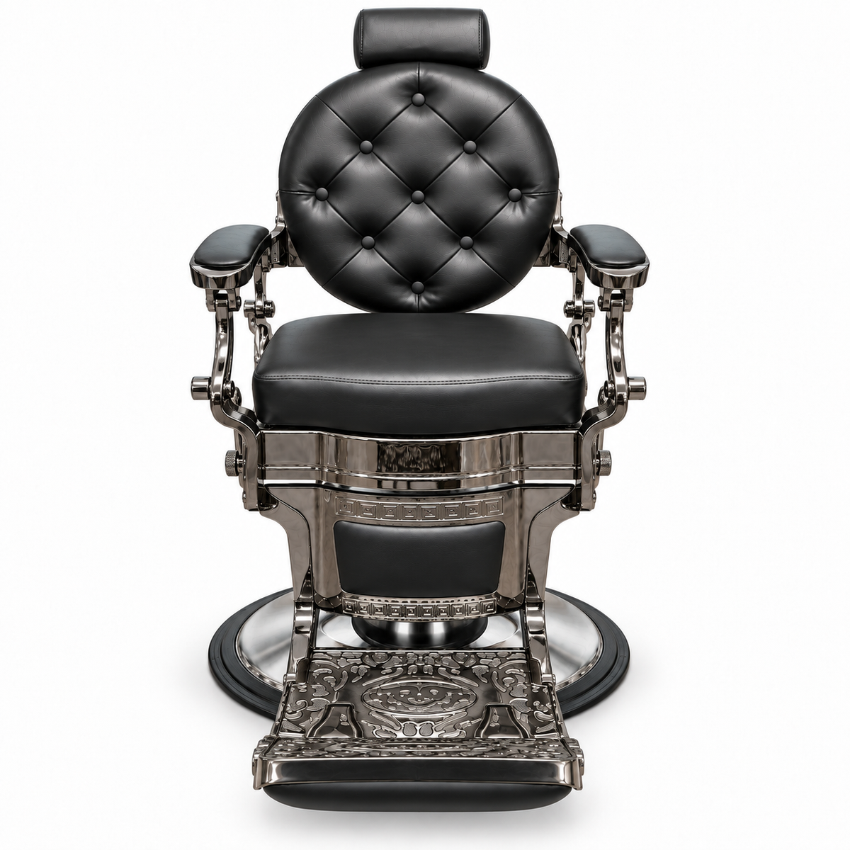 Premium Black & Chrome Traditional Barber Chair – Hydraulic Reclining Salon Chair with Padded Headrest, Button-Tufted Backrest and Decorative Footrest