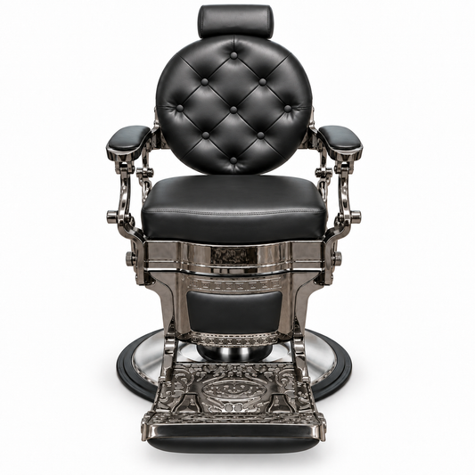 Premium Black & Chrome Traditional Barber Chair – Hydraulic Reclining Salon Chair with Padded Headrest, Button-Tufted Backrest and Decorative Footrest