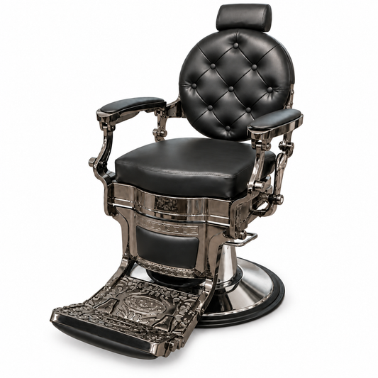 Premium Black & Chrome Traditional Barber Chair – Hydraulic Reclining Salon Chair with Padded Headrest, Button-Tufted Backrest and Decorative Footrest