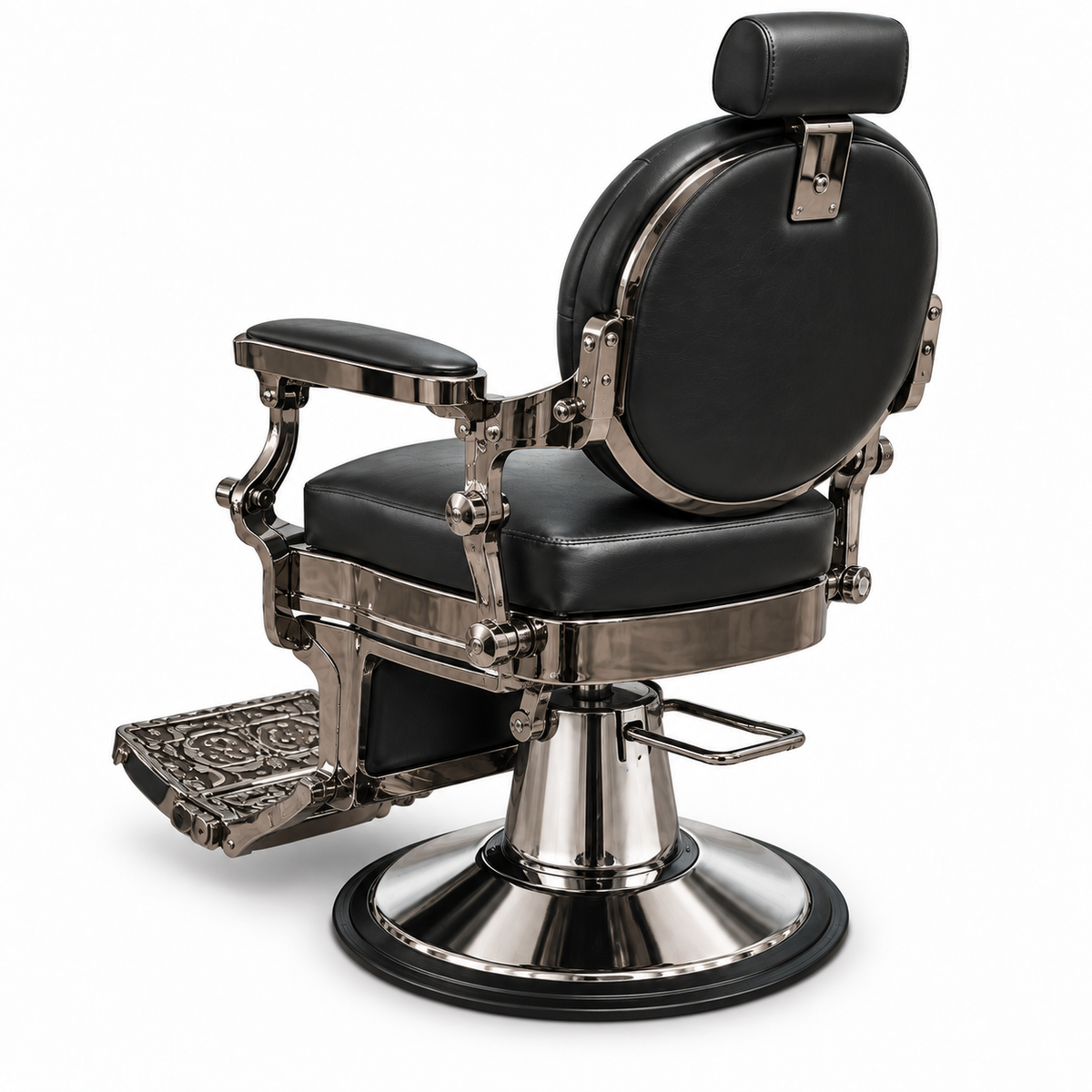 Premium Black & Chrome Traditional Barber Chair – Hydraulic Reclining Salon Chair with Padded Headrest, Button-Tufted Backrest and Decorative Footrest