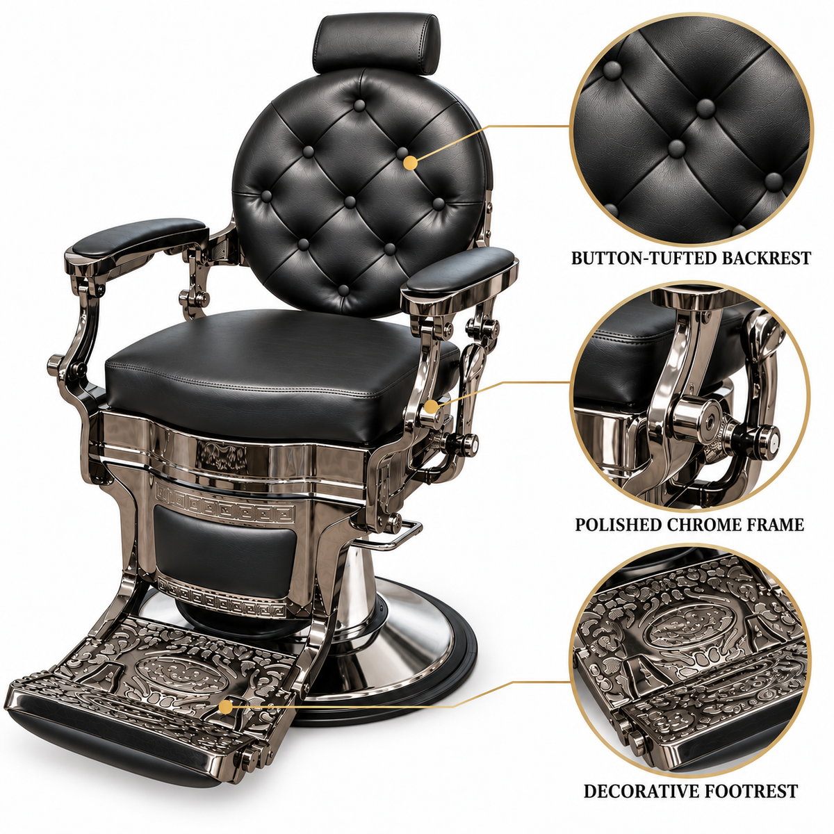 Premium Black & Chrome Traditional Barber Chair – Hydraulic Reclining Salon Chair with Padded Headrest, Button-Tufted Backrest and Decorative Footrest