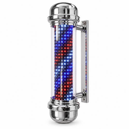 Premium Chrome LED Barber Pole – Illuminated Red, White & Blue Salon Sign 110cm
