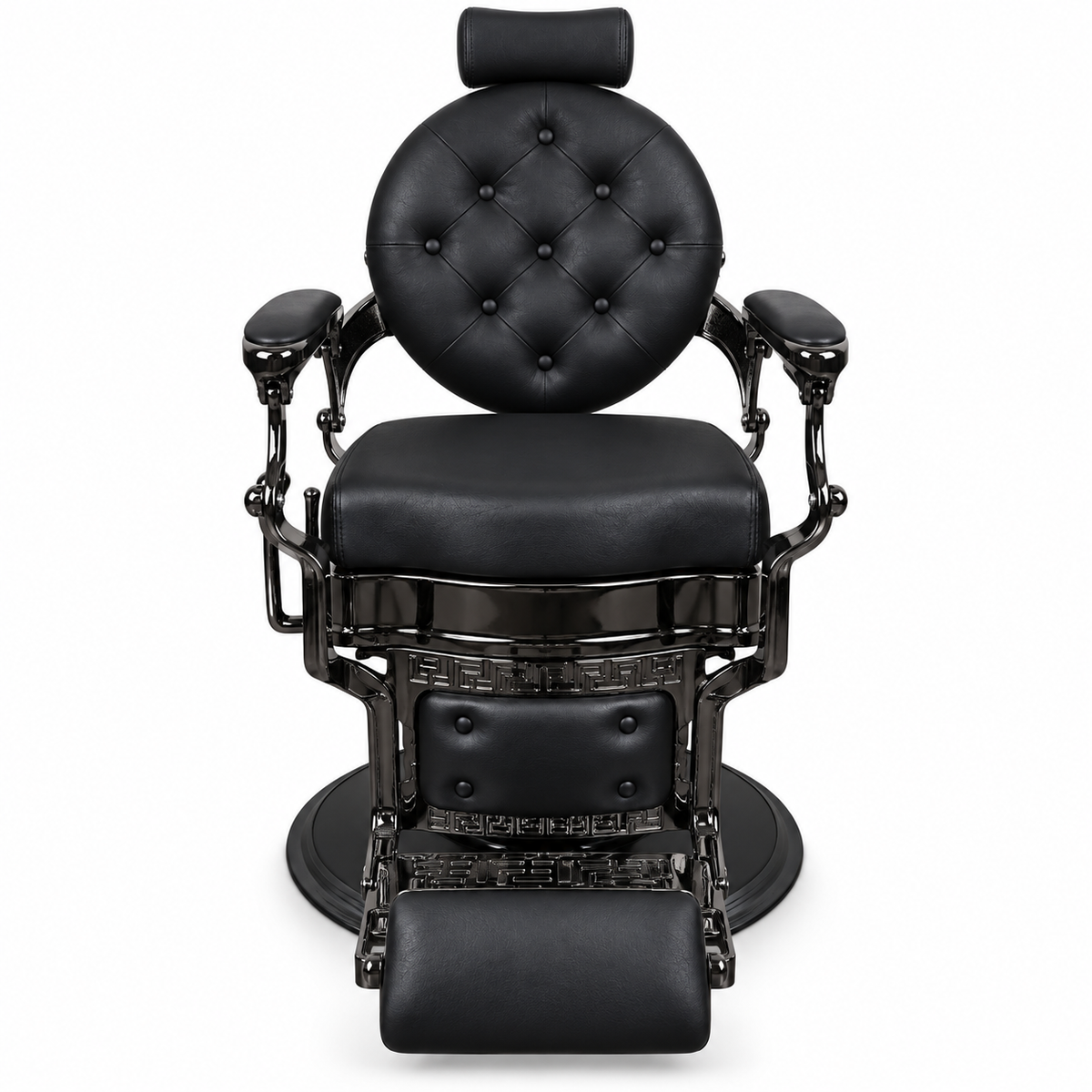 Premium Vintage Black Barber Chair with Hydraulic Base, Reclining Backrest, Adjustable Headrest, Padded Footrest and Luxury Button-Tufted Design