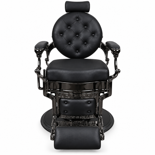 Premium Vintage Black Barber Chair with Hydraulic Base, Reclining Backrest, Adjustable Headrest, Padded Footrest and Luxury Button-Tufted Design