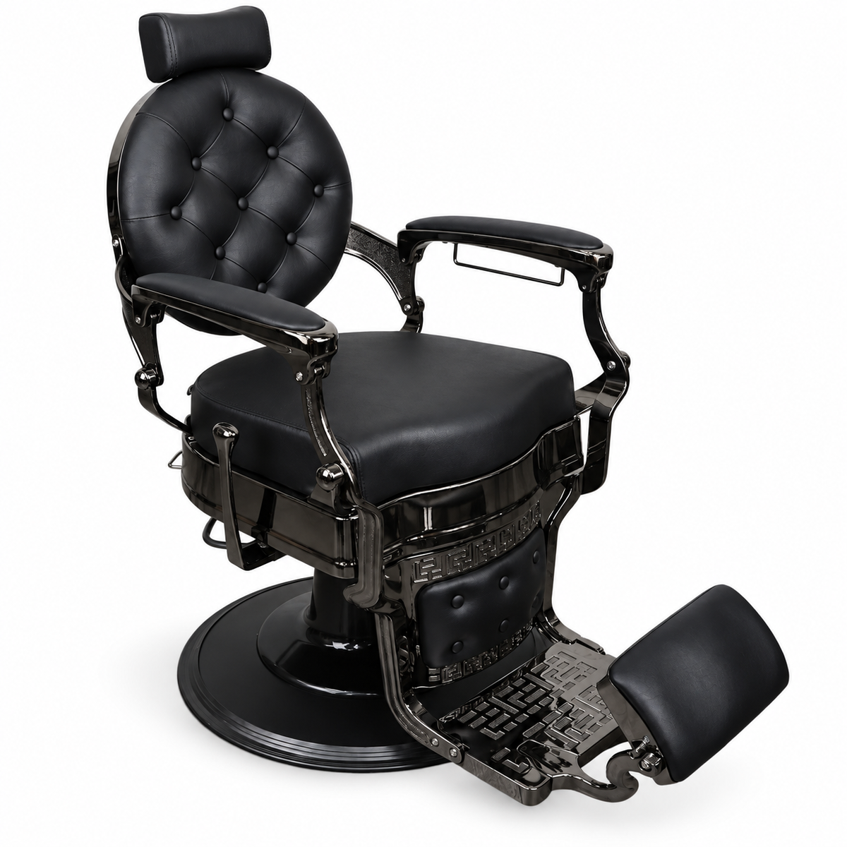 Premium Vintage Black Barber Chair with Hydraulic Base, Reclining Backrest, Adjustable Headrest, Padded Footrest and Luxury Button-Tufted Design