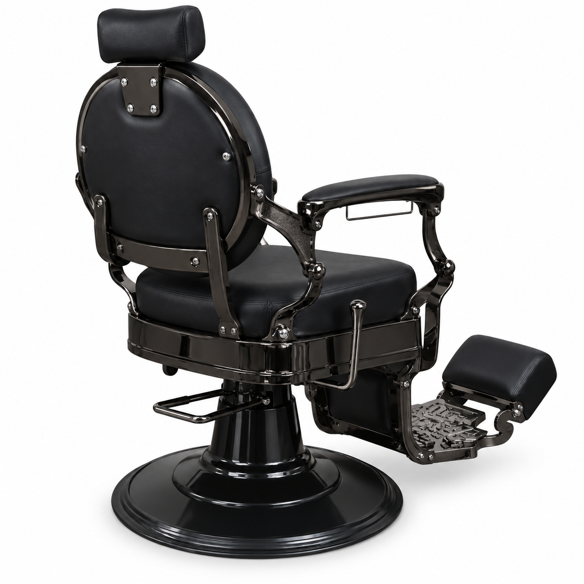 Premium Vintage Black Barber Chair with Hydraulic Base, Reclining Backrest, Adjustable Headrest, Padded Footrest and Luxury Button-Tufted Design