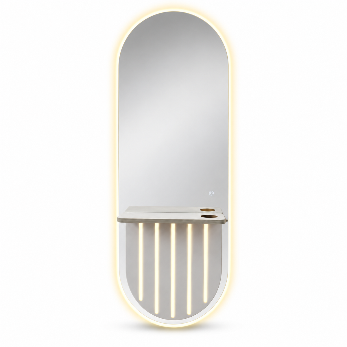 Luxury LED Salon Mirror Station with Floating Shelf – Wall-Mounted Barber Styling Unit with Touch Sensor, Warm Lighting and Three Tool Holders