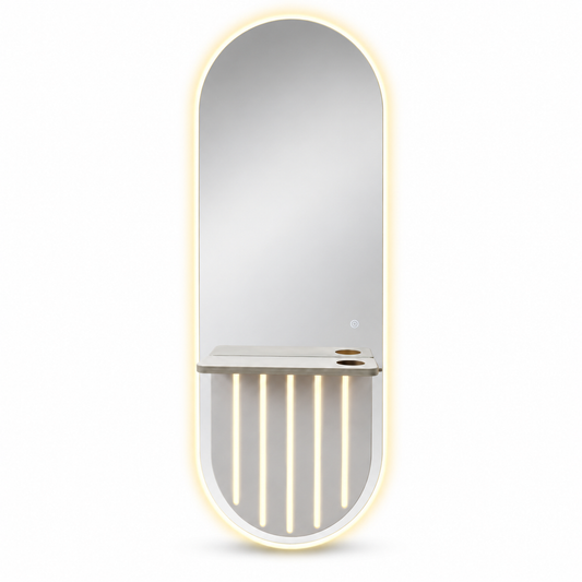 Luxury LED Salon Mirror Station with Floating Shelf – Wall-Mounted Barber Styling Unit with Touch Sensor, Warm Lighting and Three Tool Holders