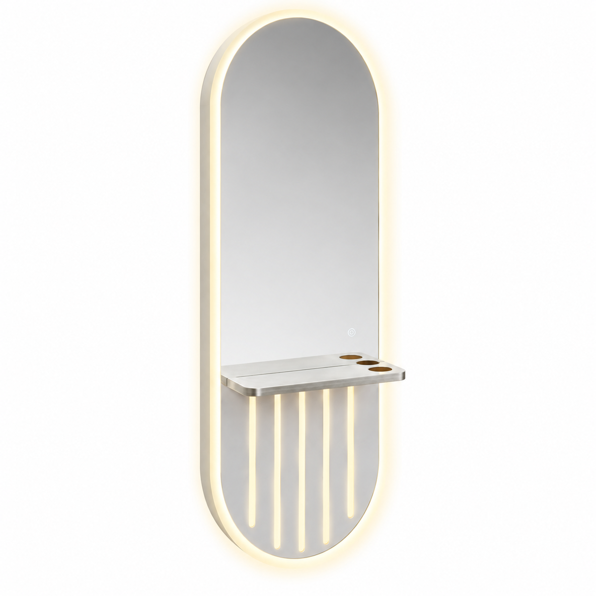 Luxury LED Salon Mirror Station with Floating Shelf – Wall-Mounted Barber Styling Unit with Touch Sensor, Warm Lighting and Three Tool Holders