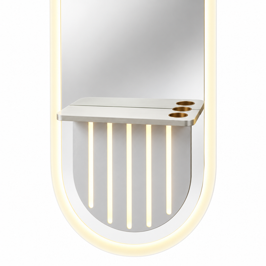 Luxury LED Salon Mirror Station with Floating Shelf – Wall-Mounted Barber Styling Unit with Touch Sensor, Warm Lighting and Three Tool Holders