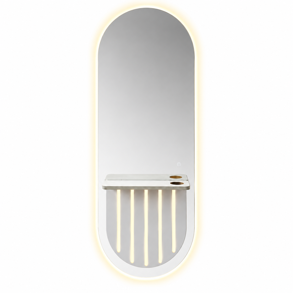 Luxury LED Salon Mirror Station with Floating Shelf – Wall-Mounted Barber Styling Unit with Touch Sensor, Warm Lighting and Three Tool Holders
