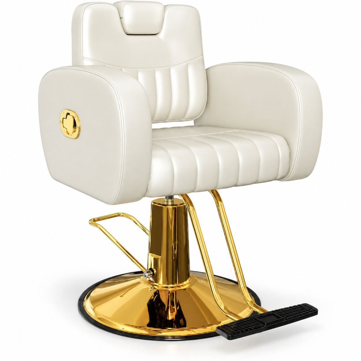 Premium Cream & Gold Reclining Barber Chair – Professional Hydraulic Salon Chair with Adjustable Backrest, Padded Headrest, Wide Seat and Footrest