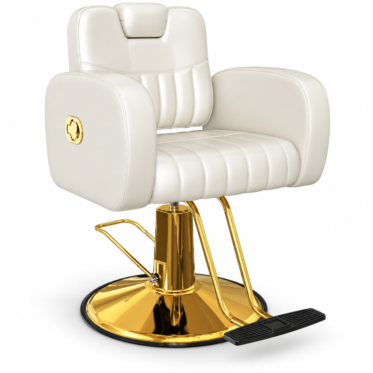 Premium Cream & Gold Reclining Barber Chair – Professional Hydraulic Salon Chair with Adjustable Backrest, Padded Headrest, Wide Seat and Footrest