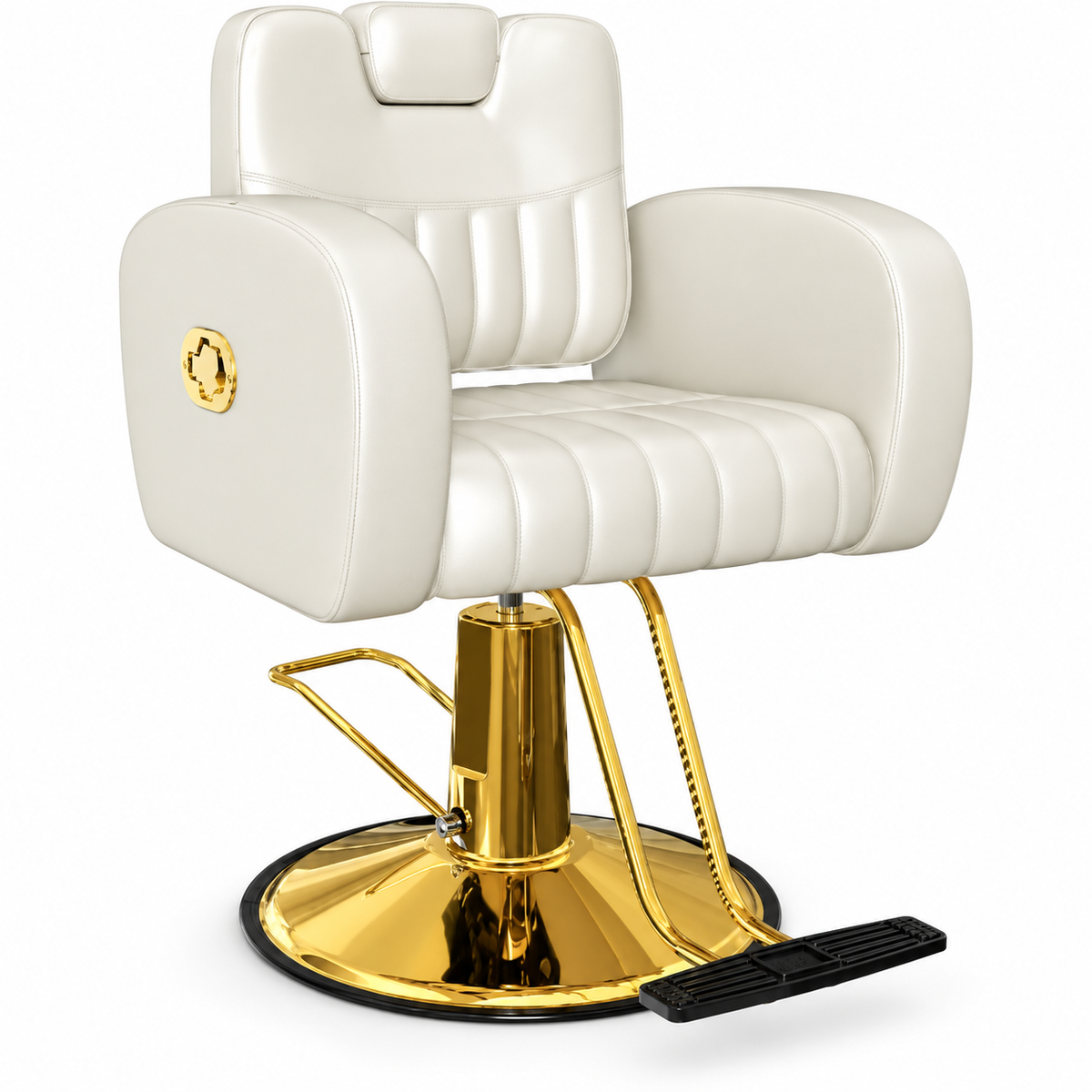 Premium Cream & Gold Reclining Barber Chair – Professional Hydraulic Salon Chair with Adjustable Backrest, Padded Headrest, Wide Seat and Footrest