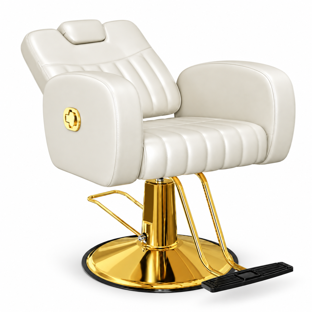 Premium Cream & Gold Reclining Barber Chair – Professional Hydraulic Salon Chair with Adjustable Backrest, Padded Headrest, Wide Seat and Footrest