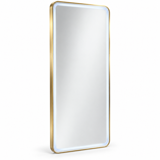 Premium Gold LED Salon Mirror – Large Full-Length Wall-Mounted Barber Mirror with Illuminated Border, Rounded Corners and Luxury Metal Frame – Professional Mirror for Barbershops, Hair Salons and Beauty Studios