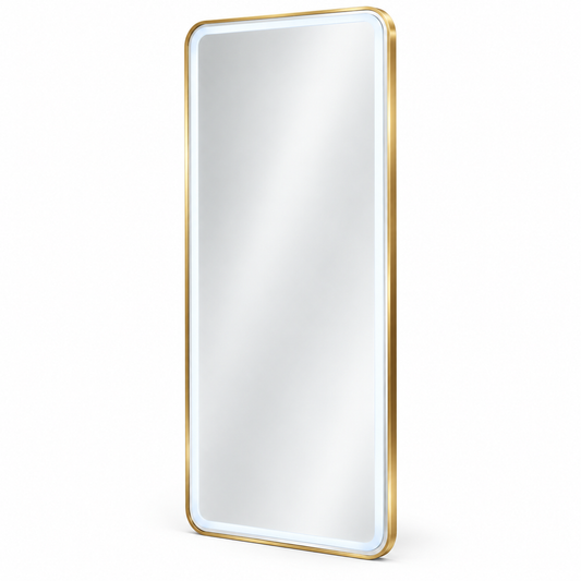 Premium Gold LED Salon Mirror – Large Full-Length Wall-Mounted Barber Mirror with Illuminated Border, Rounded Corners and Luxury Metal Frame – Professional Mirror for Barbershops, Hair Salons and Beauty Studios