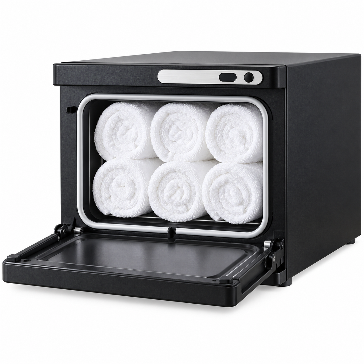 Black Hot Towel Warmer Cabinet for Barber Shops, Salons and Spas – Countertop Design with Front Controls and Drop-Down Door