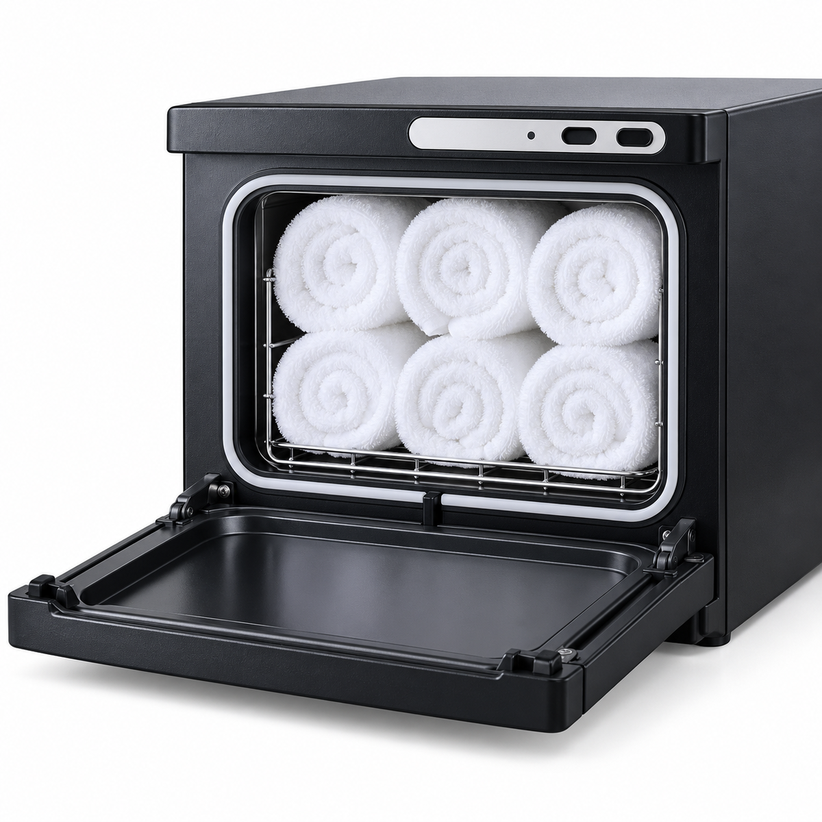 Black Hot Towel Warmer Cabinet for Barber Shops, Salons and Spas – Countertop Design with Front Controls and Drop-Down Door