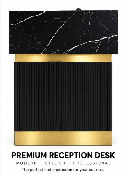 Premium Black & Gold Reception Desk – Modern Salon & Barber Shop Reception Counter with Black Marble-Effect Top, Fluted Front Panel, Storage Shelves & Lockable Drawer – 80 × 50 × 110 cm