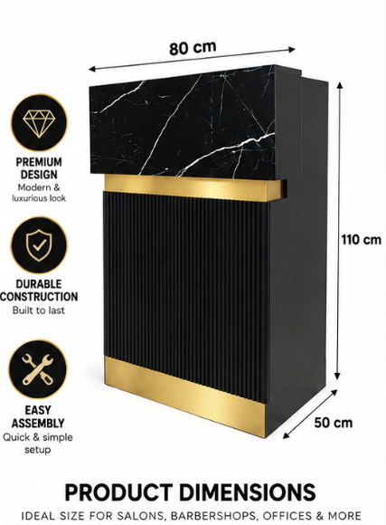 Premium Black & Gold Reception Desk – Modern Salon & Barber Shop Reception Counter with Black Marble-Effect Top, Fluted Front Panel, Storage Shelves & Lockable Drawer – 80 × 50 × 110 cm