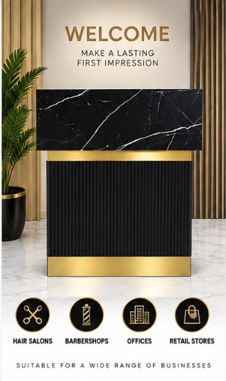 Premium Black & Gold Reception Desk – Modern Salon & Barber Shop Reception Counter with Black Marble-Effect Top, Fluted Front Panel, Storage Shelves & Lockable Drawer – 80 × 50 × 110 cm
