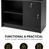 Premium Black & Gold Reception Desk – Modern Salon & Barber Shop Reception Counter with Black Marble-Effect Top, Fluted Front Panel, Storage Shelves & Lockable Drawer – 80 × 50 × 110 cm