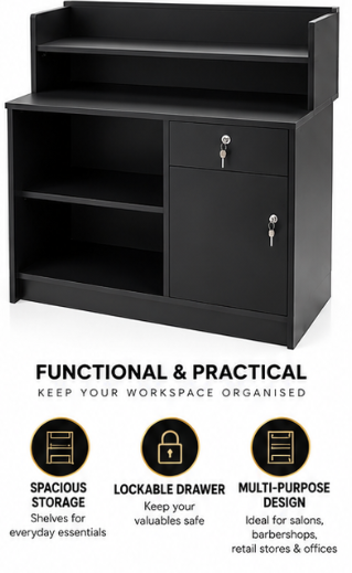 Premium Black & Gold Reception Desk – Modern Salon & Barber Shop Reception Counter with Black Marble-Effect Top, Fluted Front Panel, Storage Shelves & Lockable Drawer – 80 × 50 × 110 cm