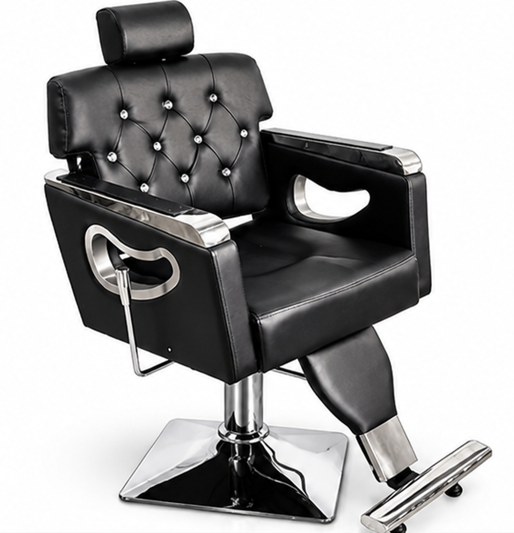 Professional Barber Chair Black & Silver – Luxury Hydraulic Salon Styling Chair with Reclining Backrest, Adjustable Headrest, Padded Armrests, Heavy Duty Chrome Base & Footrest – Hairdressing & Barbershop Furniture