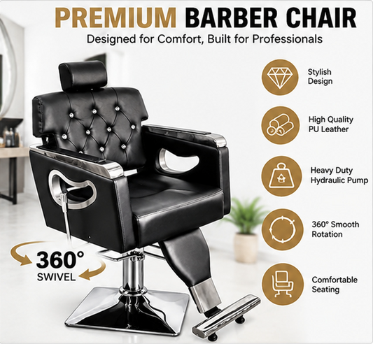 Professional Barber Chair Black & Silver – Luxury Hydraulic Salon Styling Chair with Reclining Backrest, Adjustable Headrest, Padded Armrests, Heavy Duty Chrome Base & Footrest – Hairdressing & Barbershop Furniture
