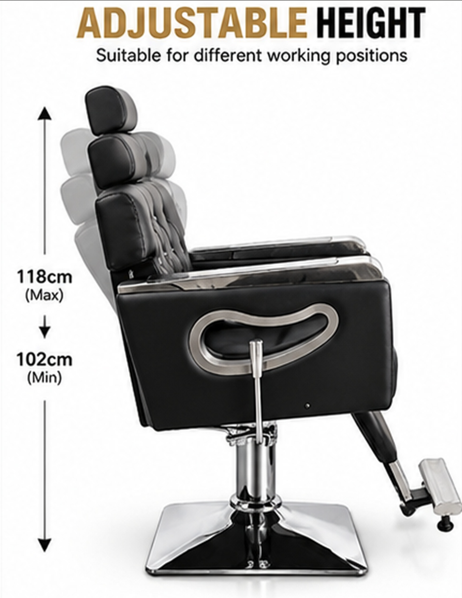 Professional Barber Chair Black & Silver – Luxury Hydraulic Salon Styling Chair with Reclining Backrest, Adjustable Headrest, Padded Armrests, Heavy Duty Chrome Base & Footrest – Hairdressing & Barbershop Furniture