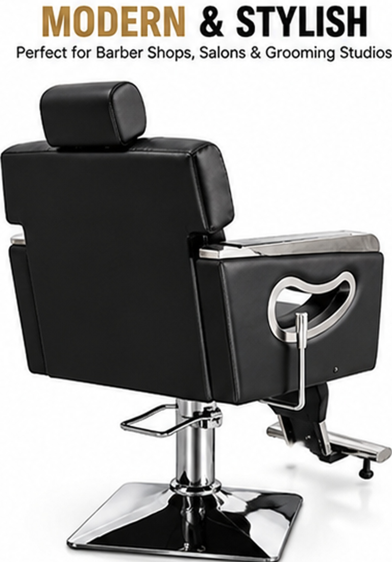 Professional Barber Chair Black & Silver – Luxury Hydraulic Salon Styling Chair with Reclining Backrest, Adjustable Headrest, Padded Armrests, Heavy Duty Chrome Base & Footrest – Hairdressing & Barbershop Furniture